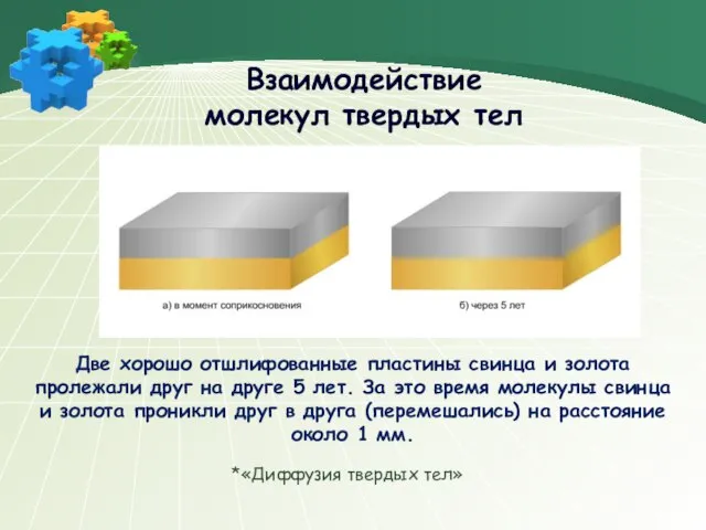 Взаимодействие молекул твердых тел Две хорошо отшлифованные пластины свинца и золота пролежали