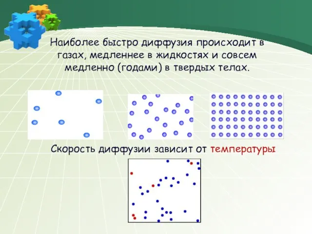 Наиболее быстро диффузия происходит в газах, медленнее в жидкостях и совсем медленно