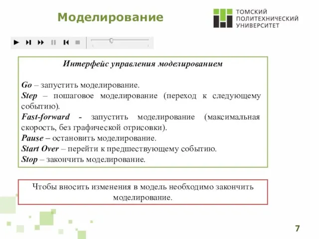 Моделирование Интерфейс управления моделированием Go – запустить моделирование. Step – пошаговое моделирование