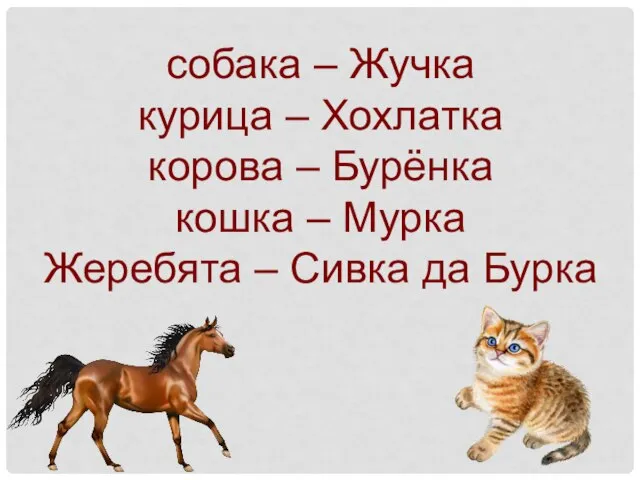 собака – Жучка курица – Хохлатка корова – Бурёнка кошка – Мурка