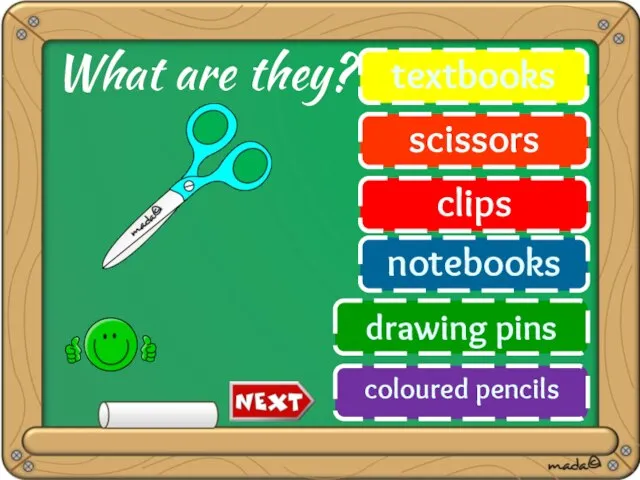 textbooks scissors clips notebooks drawing pins coloured pencils What are they?