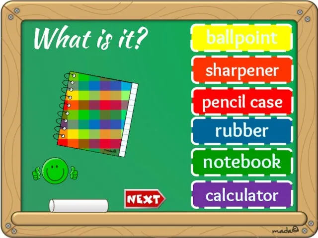 ballpoint sharpener pencil case rubber notebook calculator What is it?
