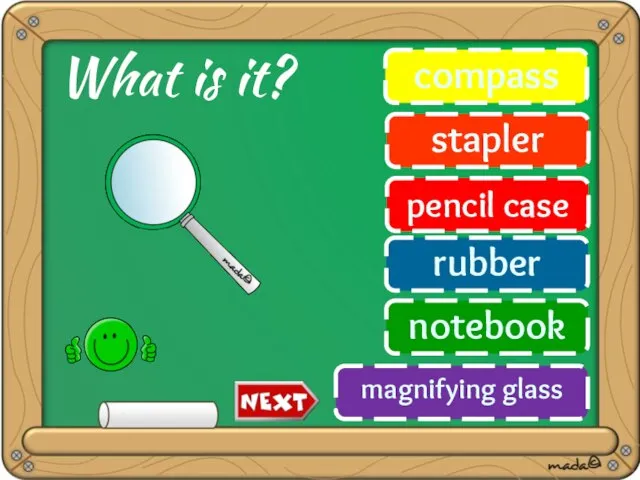 compass stapler pencil case rubber notebook magnifying glass What is it?