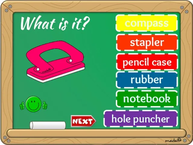 compass stapler pencil case rubber notebook hole puncher What is it?