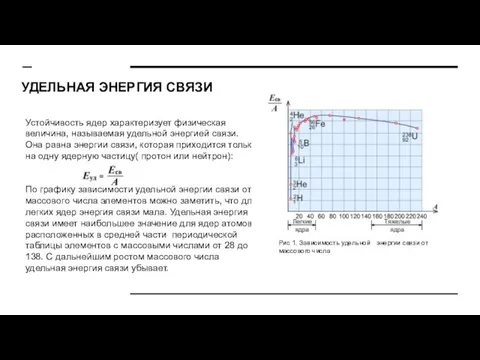 УДЕЛЬНАЯ ЭНЕРГИЯ СВЯЗИ Устойчивость ядер характеризует физическая величина, называемая удельной энергией связи.