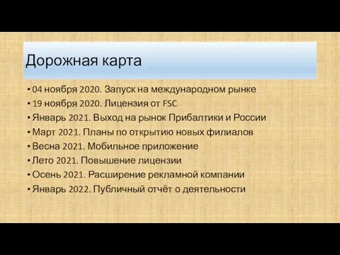 Дорожная карта 04 ноября 2020. Запуск на международном рынке 19 ноября 2020.