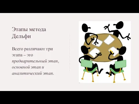 Этапы метода Дельфи Всего различают три этапа – это предварительный этап, основной этап и аналитический этап.