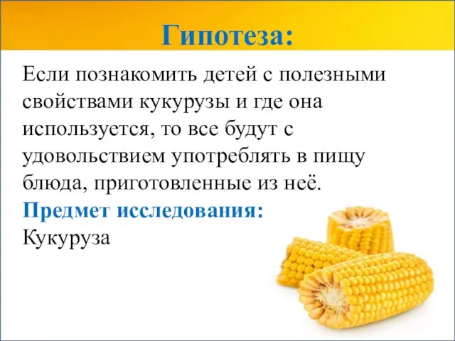 Гипотеза: Если познакомить детей с полезными свойствами кукурузы и где она используется,