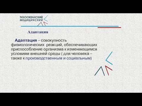 Адаптация Адаптация – совокупность физиологических реакций, обеспечивающих приспособление организма к изменяющимся условиям