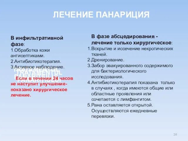 TRATAMENTUL PANARIȚIULUI TRATAMENTUL PANARIȚIULUI ЛЕЧЕНИЕ ПАНАРИЦИЯ В инфильтративной фазе: 1.Обработка кожи антисептиками.