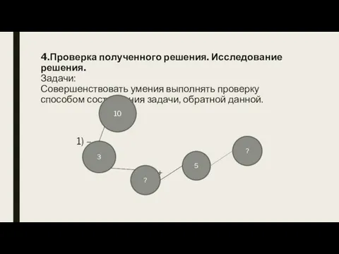 4.Проверка полученного решения. Исследование решения. Задачи: Совершенствовать умения выполнять проверку способом составления