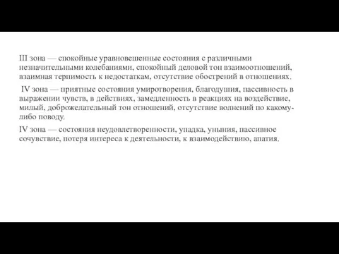 III зона — спокойные уравновешенные состояния с различными незначительными колебаниями, спокойный деловой