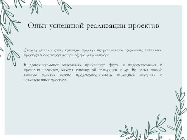 Опыт успешной реализации проектов Следует описать опыт команды проекта по реализации социально