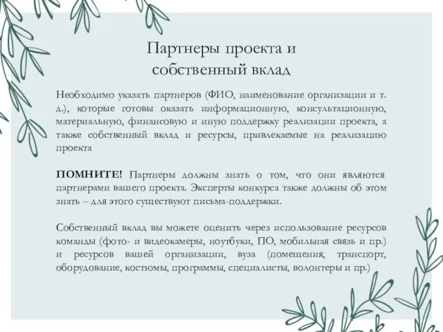 Партнеры проекта и собственный вклад Необходимо указать партнеров (ФИО, наименование организации и