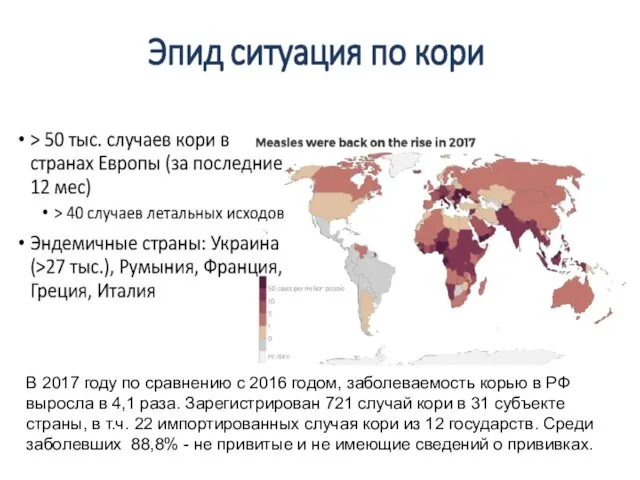 В 2017 году по сравнению с 2016 годом, заболеваемость корью в РФ