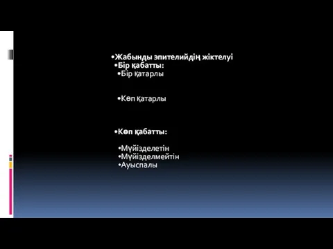 Жабынды эпителийдің жіктелуі Бір қабатты: Бір қатарлы Көп қатарлы Көп қабатты: Мүйізделетін Мүйізделмейтін Ауыспалы