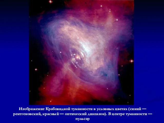 Изображение Крабовидной туманности в условных цветах (синий — рентгеновский, красный — оптический