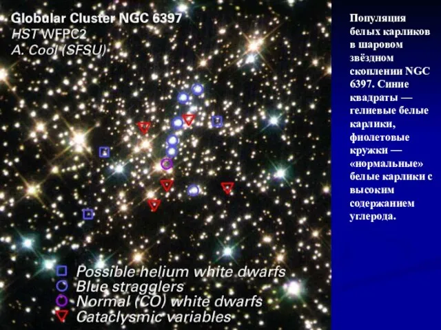 Популяция белых карликов в шаровом звёздном скоплении NGC 6397. Синие квадраты —