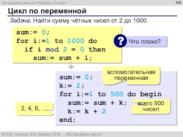 Цикл по переменной Задача. Найти сумму чётных чисел от 2 до 1000.