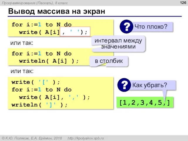 Вывод массива на экран for i:=1 to N do write( A[i] );