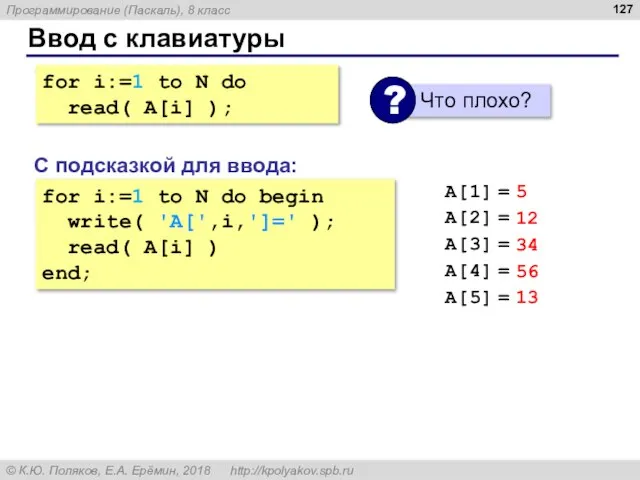 Ввод с клавиатуры for i:=1 to N do begin write( 'A[',i,']=' );