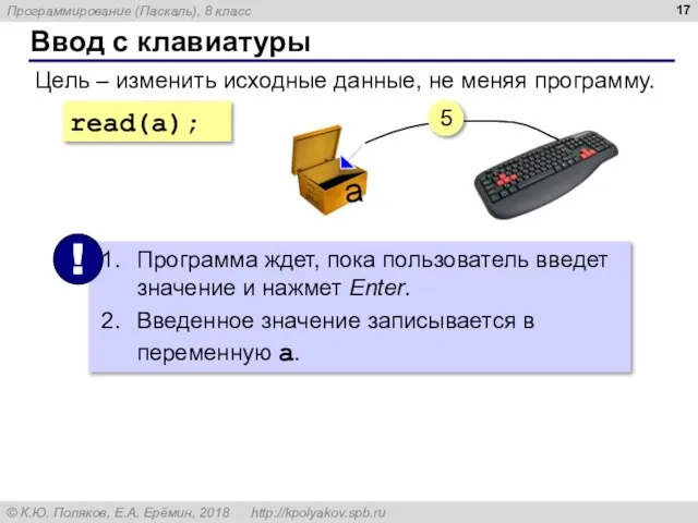 Ввод с клавиатуры Цель – изменить исходные данные, не меняя программу. read(a); 5 a