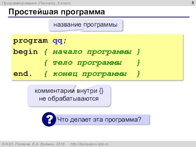 Простейшая программа program qq; begin { начало программы } { тело программы