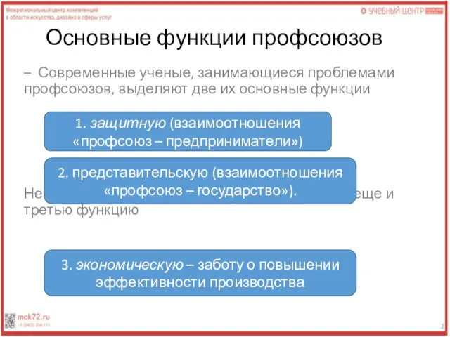 Основные функции профсоюзов – Современные ученые, занимающиеся проблемами профсоюзов, выделяют две их