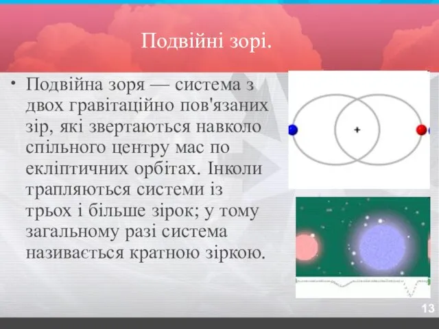 Подвійні зорі. Подвійна зоря — система з двох гравітаційно пов'язаних зір, які