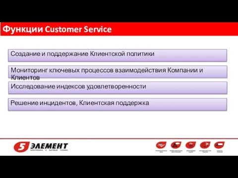 Функции Customer Service Решение инцидентов, Клиентская поддержка Мониторинг ключевых процессов взаимодействия Компании