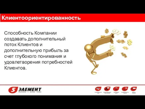 Клиентоориентированность Способность Компании создавать дополнительный поток Клиентов и дополнительную прибыль за счет