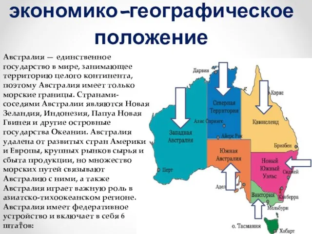 Политическое и экономико-географическое положение Австралия — единственное государство в мире, занимающее территорию