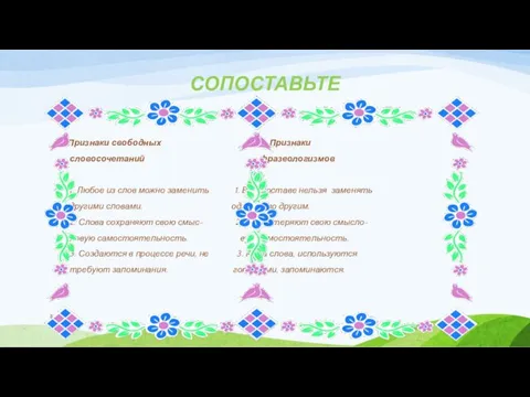 СОПОСТАВЬТЕ Признаки свободных Признаки словосочетаний фразеологизмов 1. Любое из слов можно заменить