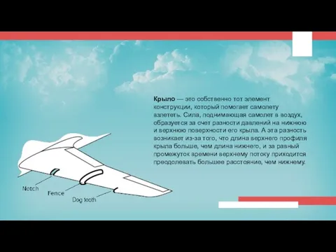 Крыло — это собственно тот элемент конструкции, который помогает самолету взлететь. Сила,