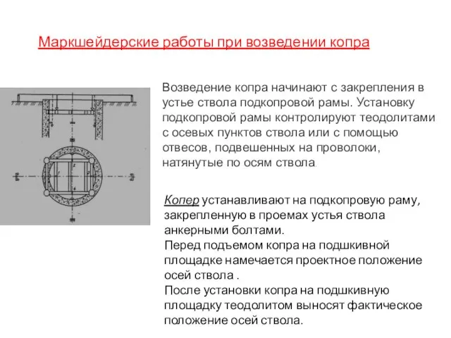 Возведение копра начинают с закрепления в устье ствола подкопровой рамы. Установку подкопровой