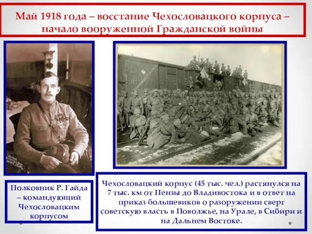 Май 1918 года – восстание Чехословацкого корпуса – начало вооруженной Гражданской войны