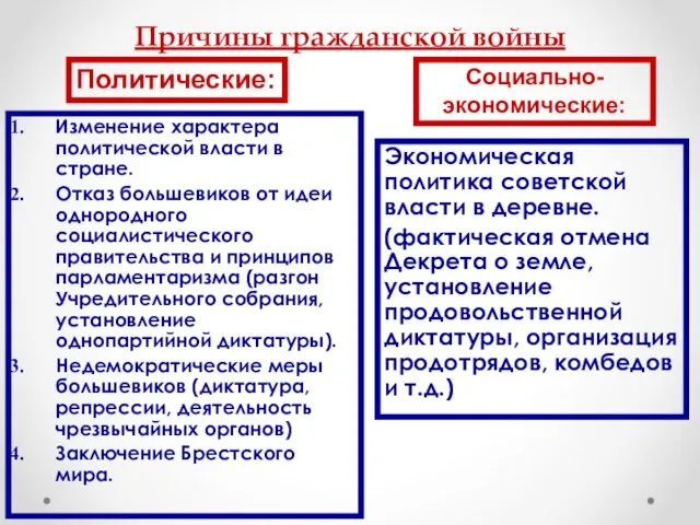 Причины гражданской войны Изменение характера политической власти в стране. Отказ большевиков от