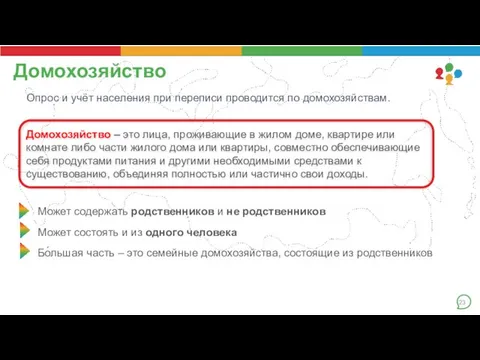 Домохозяйство Домохозяйство – это лица, проживающие в жилом доме, квартире или комнате