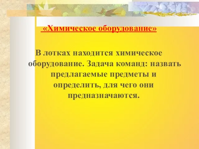 «Химическое оборудование» В лотках находится химическое оборудование. Задача команд: назвать предлагаемые предметы