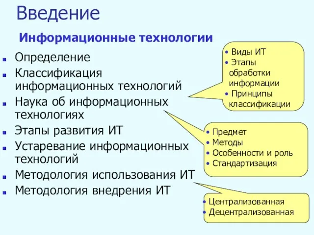 Введение Определение Классификация информационных технологий Наука об информационных технологиях Этапы развития ИТ