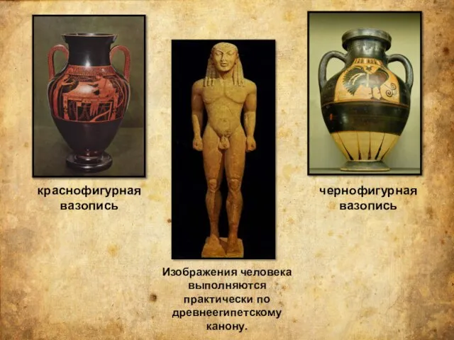 краснофигурная вазопись чернофигурная вазопись Изображения человека выполняются практически по древнеегипетскому канону.