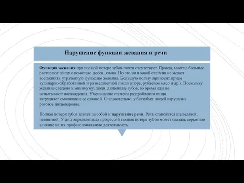 Нарушение функции жевания и речи Функция жевания при полной потере зубов почти