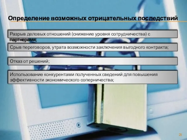 Определение возможных отрицательных последствий Разрыв деловых отношений (снижение уровня сотрудничества) с партнерами;