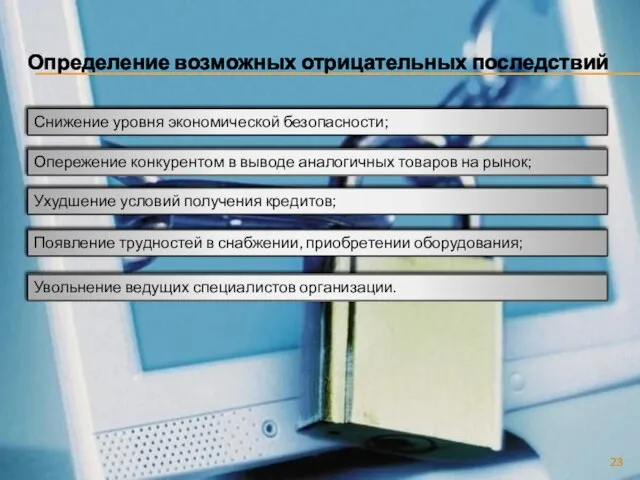 Определение возможных отрицательных последствий Снижение уровня экономической безопасности; Опережение конкурентом в выводе