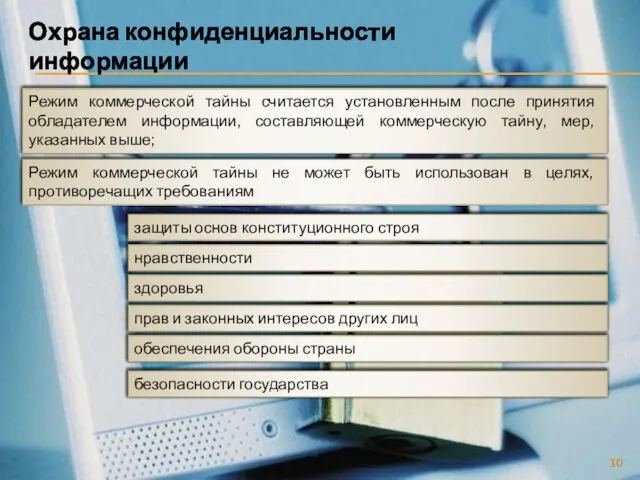 Охрана конфиденциальности информации Режим коммерческой тайны считается установленным после принятия обладателем информации,