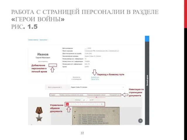 РАБОТА С СТРАНИЦЕЙ ПЕРСОНАЛИИ В РАЗДЕЛЕ «ГЕРОИ ВОЙНЫ» РИС. 1.5 22