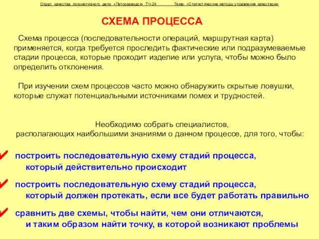 Отдел качества локомотивного депо «Петрозаводск» ТЧ-24 Тема: «Статистические методы управления качеством» СХЕМА