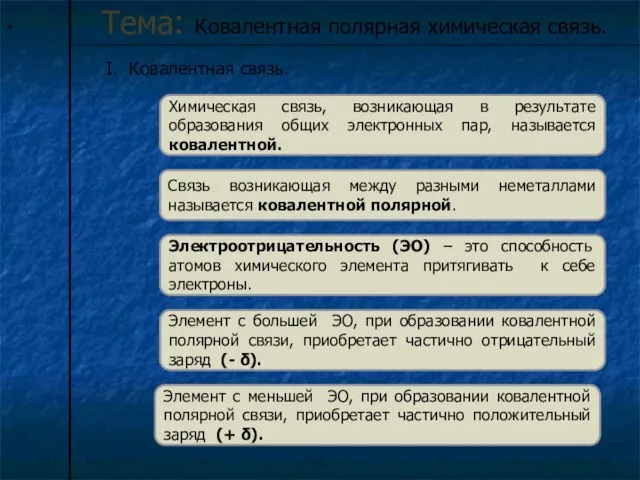 * Тема: Ковалентная полярная химическая связь. I. Ковалентная связь. Химическая связь, возникающая