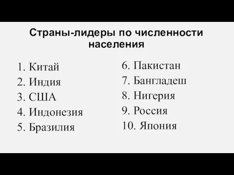 Страны-лидеры по численности населения 1. Китай 2. Индия 3. США 4. Индонезия