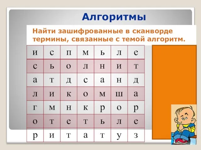 Алгоритмы Найти зашифрованные в сканворде термины, связанные с темой алгоритм.